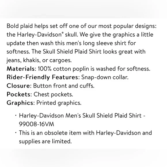 Harley Davidson Men’s Skull Shield Long Sleeve Button Down Shirt - Picture 7 of 9